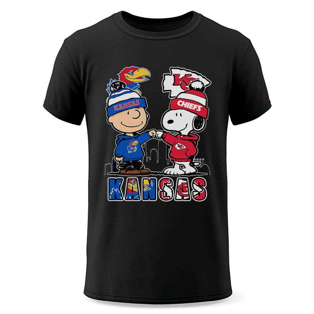 Kansas Jayhawks And Chiefs Peanuts Fist Bump T-shirt Kansas Jayhawks And Chiefs Peanuts Fist Bump T-shirt