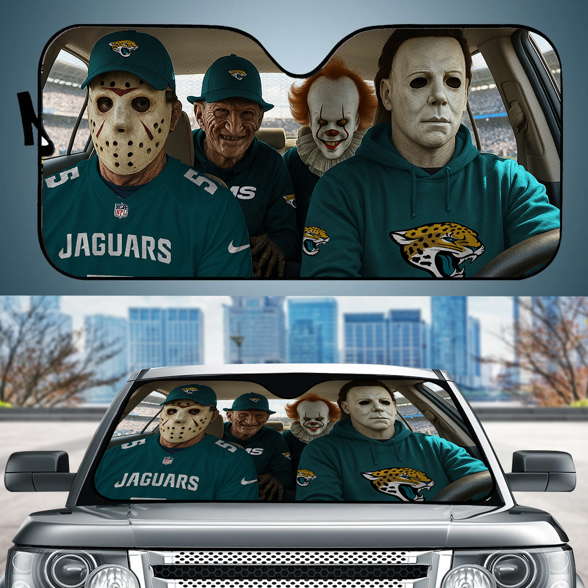 Jacksonville Jaguars Jason Freddy Pennywise Michael Myers Car Auto Sunshade