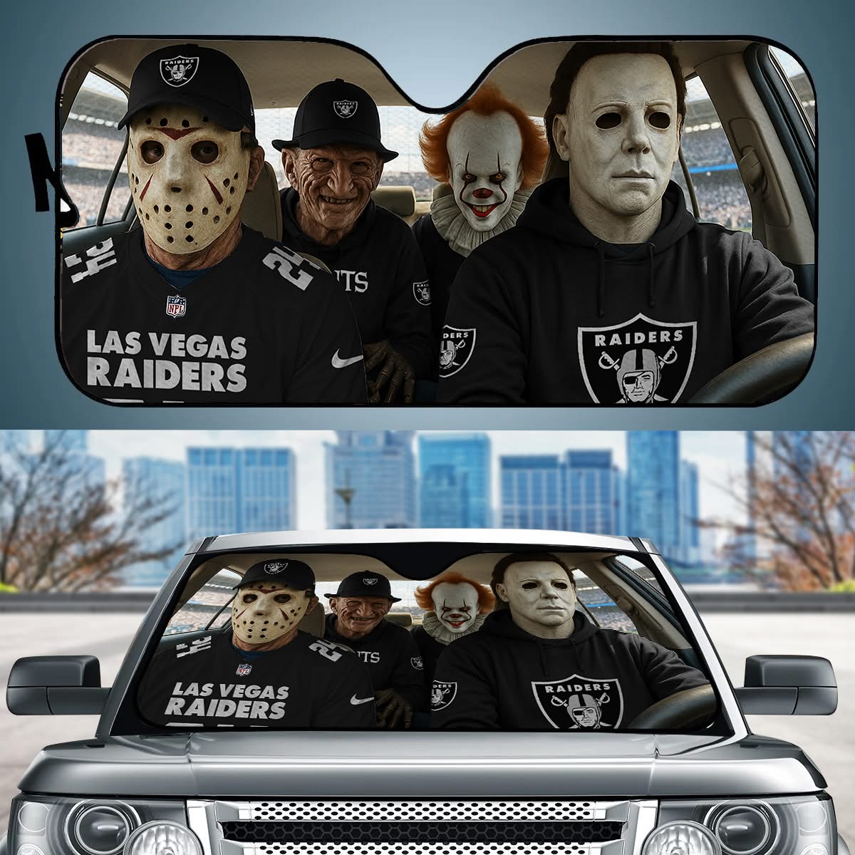 Las Vegas Raiders Jason Freddy Pennywise Michael Myers Car Auto Sunshade