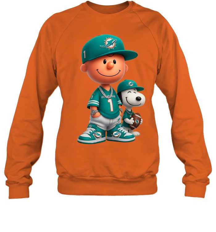 Miami Dolphins Charlie Brown Snoopy Peanuts Crewneck Sweatshirt Miami Dolphins Charlie Brown Snoopy Peanuts Crewneck Sweatshirt