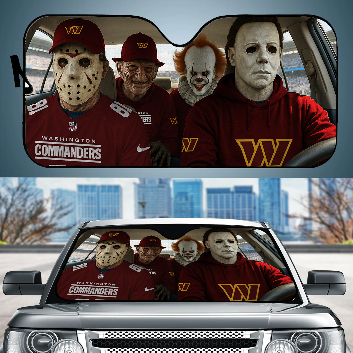 Washington Commanders Jason Freddy Pennywise Michael Myers Car Auto Sunshade