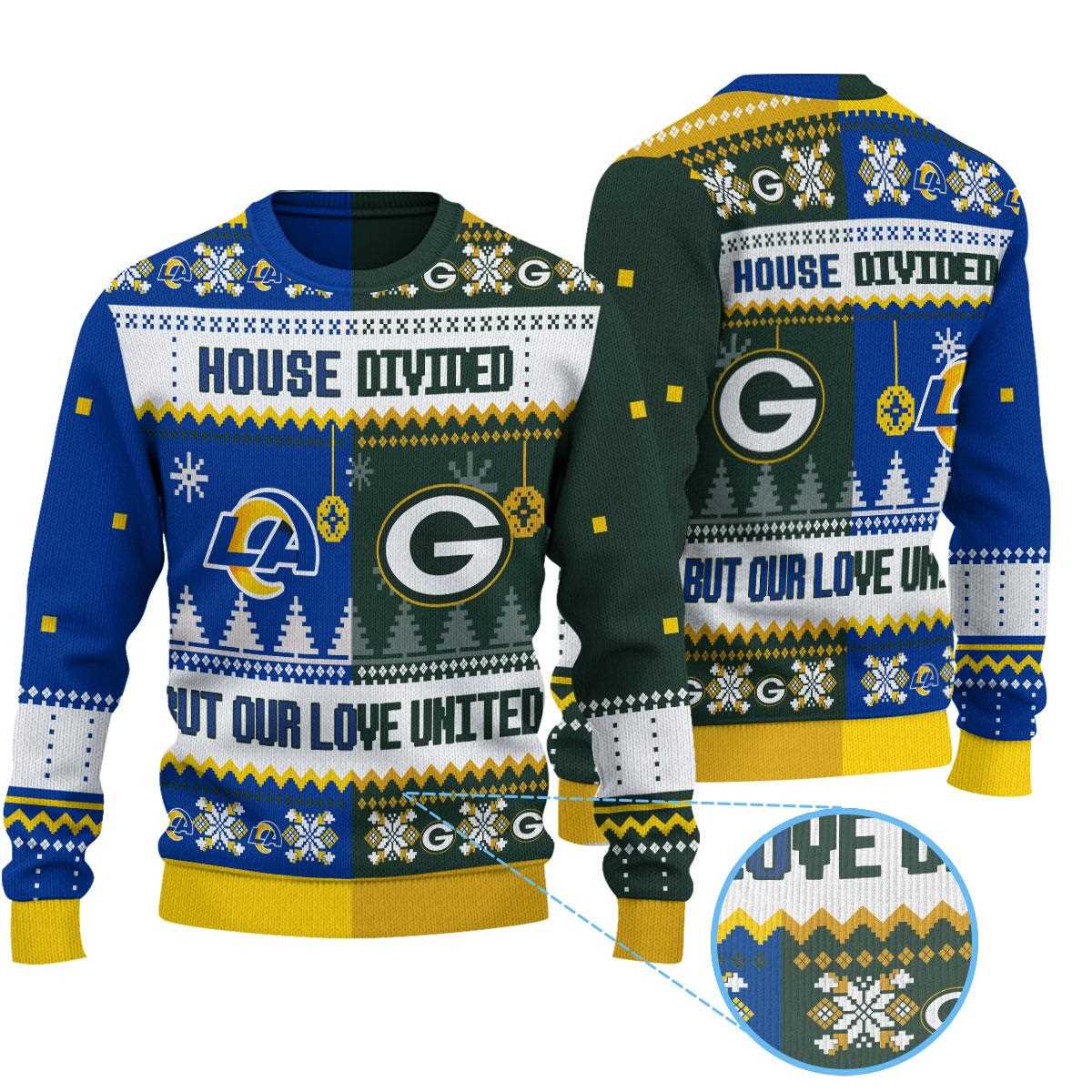 Green Bay Packers Los Angeles Rams House Divided But Our Love United Ugly Christmas Sweater Green Bay Packers Los Angeles Rams House Divided But Our Love United Ugly Christmas Sweater