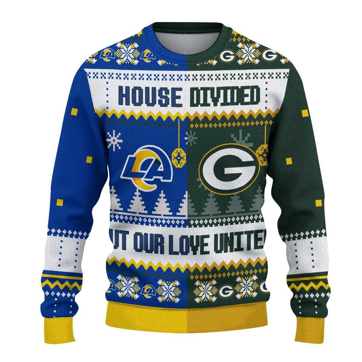 Green Bay Packers Los Angeles Rams House Divided But Our Love United Ugly Christmas Sweater Green Bay Packers Los Angeles Rams House Divided But Our Love United Ugly Christmas Sweater