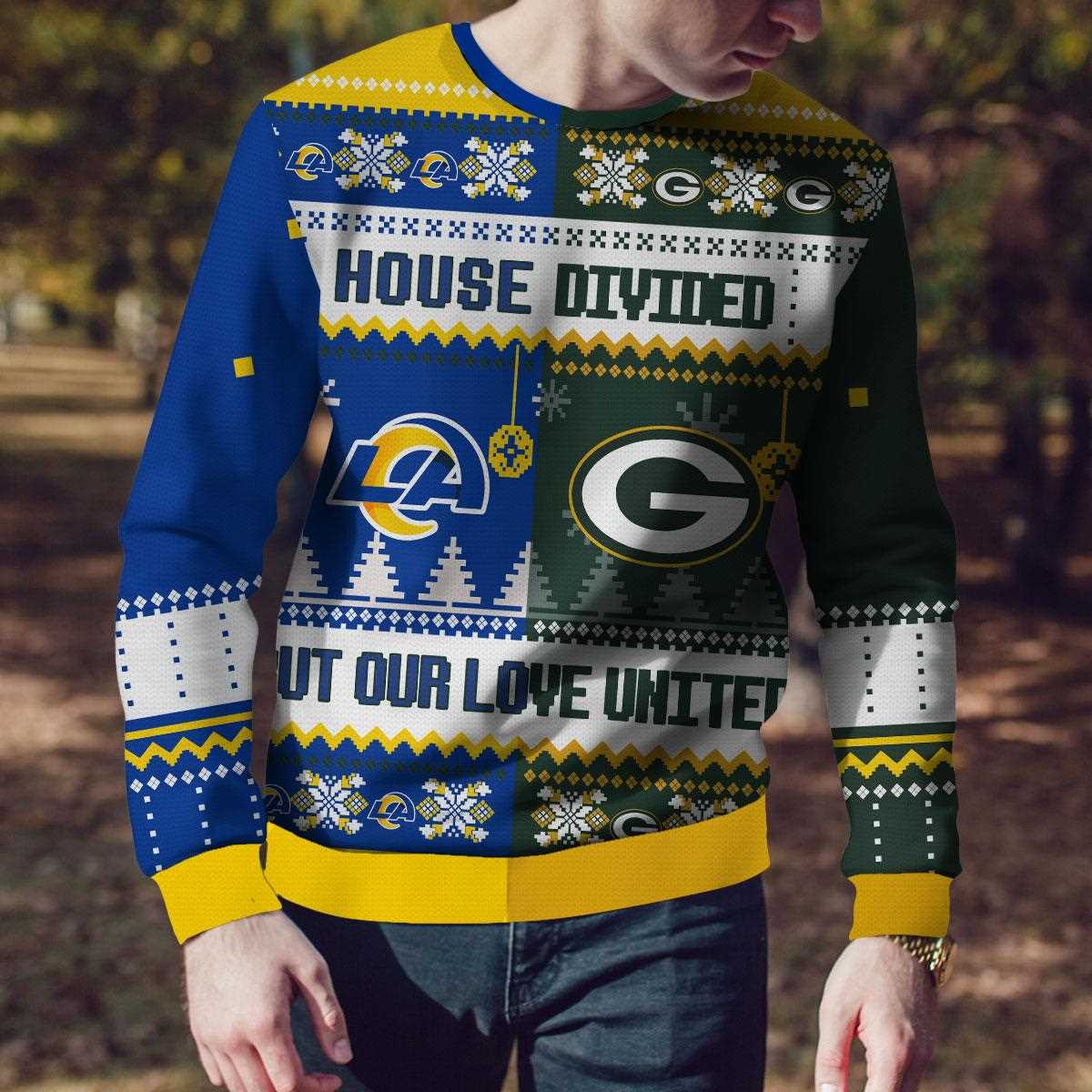 Green Bay Packers Los Angeles Rams House Divided But Our Love United Ugly Christmas Sweater Green Bay Packers Los Angeles Rams House Divided But Our Love United Ugly Christmas Sweater