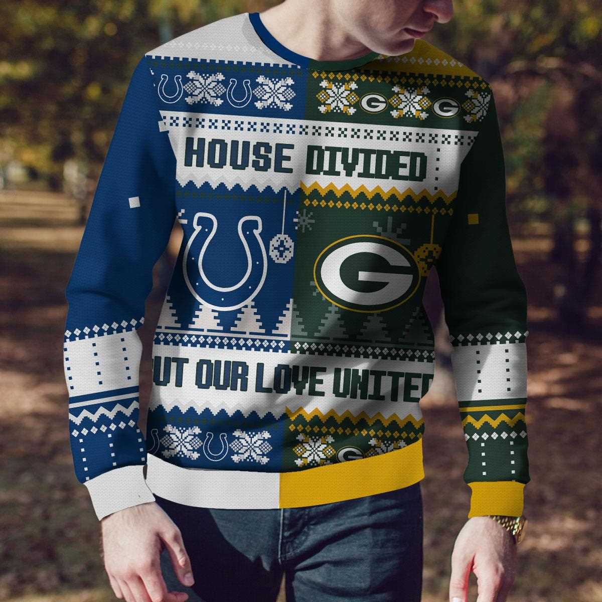 Indianapolis Colts Green Bay Packers House Divided But Our Love United Ugly Christmas Sweater Indianapolis Colts Green Bay Packers House Divided But Our Love United Ugly Christmas Sweater