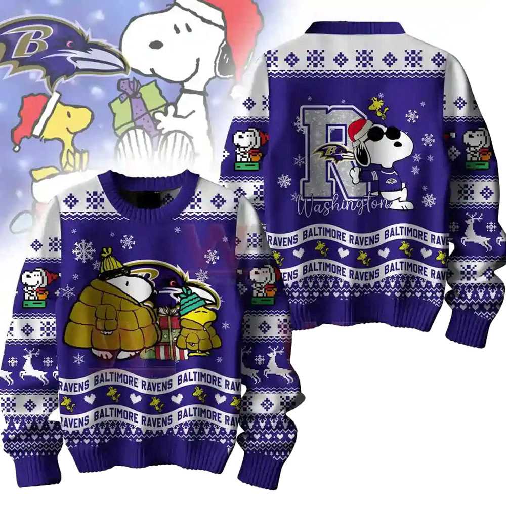 Baltimore Ravens Snoopy Woodstock Puffer Jacket Ugly Christmas Sweater