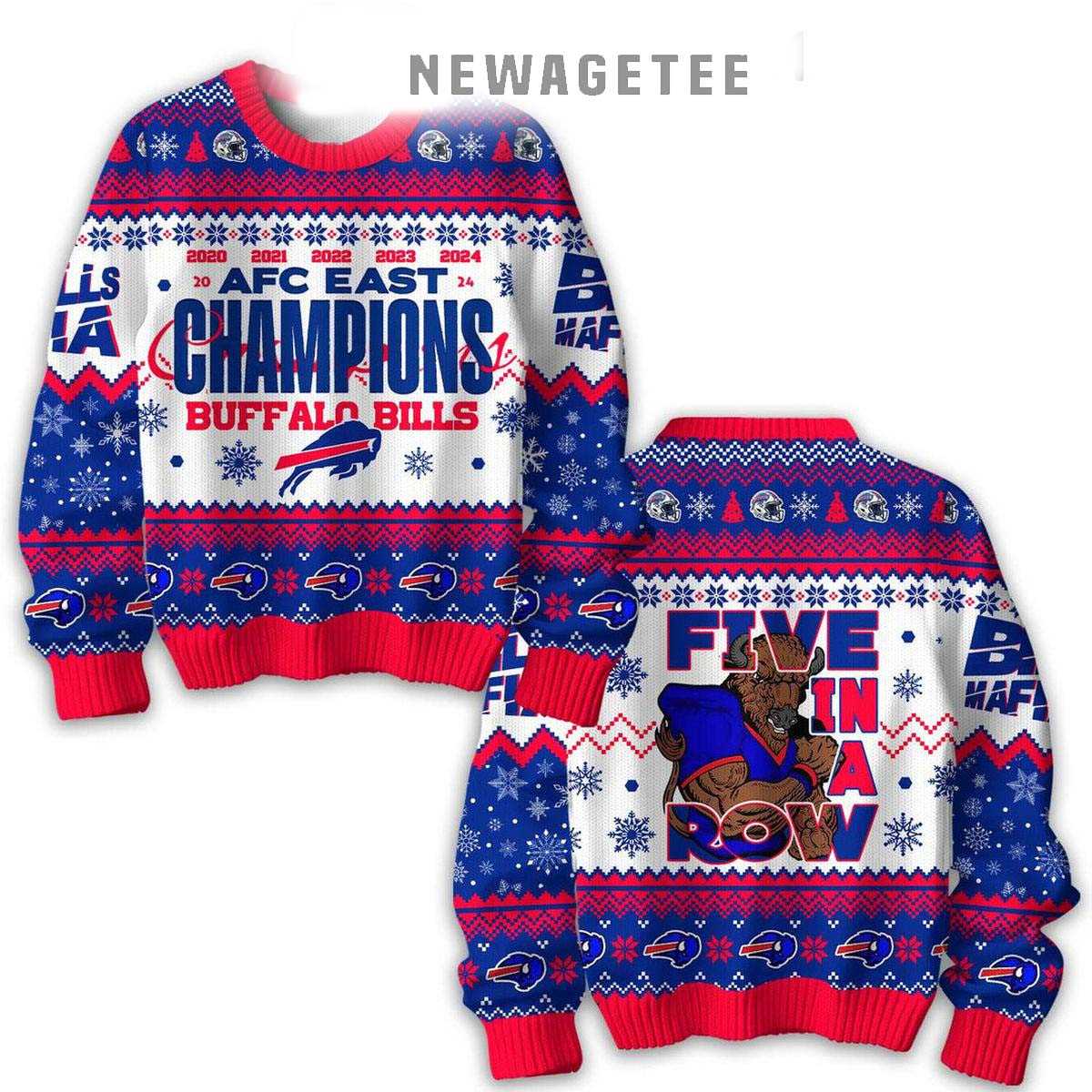 Buffalo Bills Five In A Row Afc East Champions 2025 Ugly Christmas Sweater