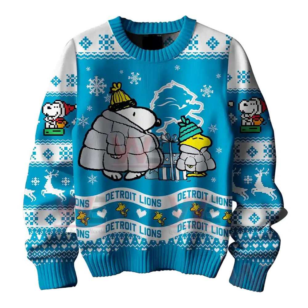 Detroit Lions Snoopy Woodstock Puffer Jacket Ugly Christmas Sweater