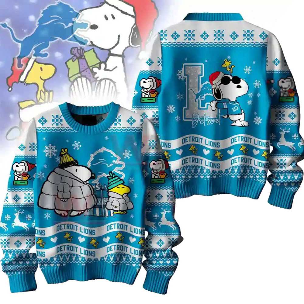 Detroit Lions Snoopy Woodstock Puffer Jacket Ugly Christmas Sweater Detroit Lions Snoopy Woodstock Puffer Jacket Ugly Christmas Sweater