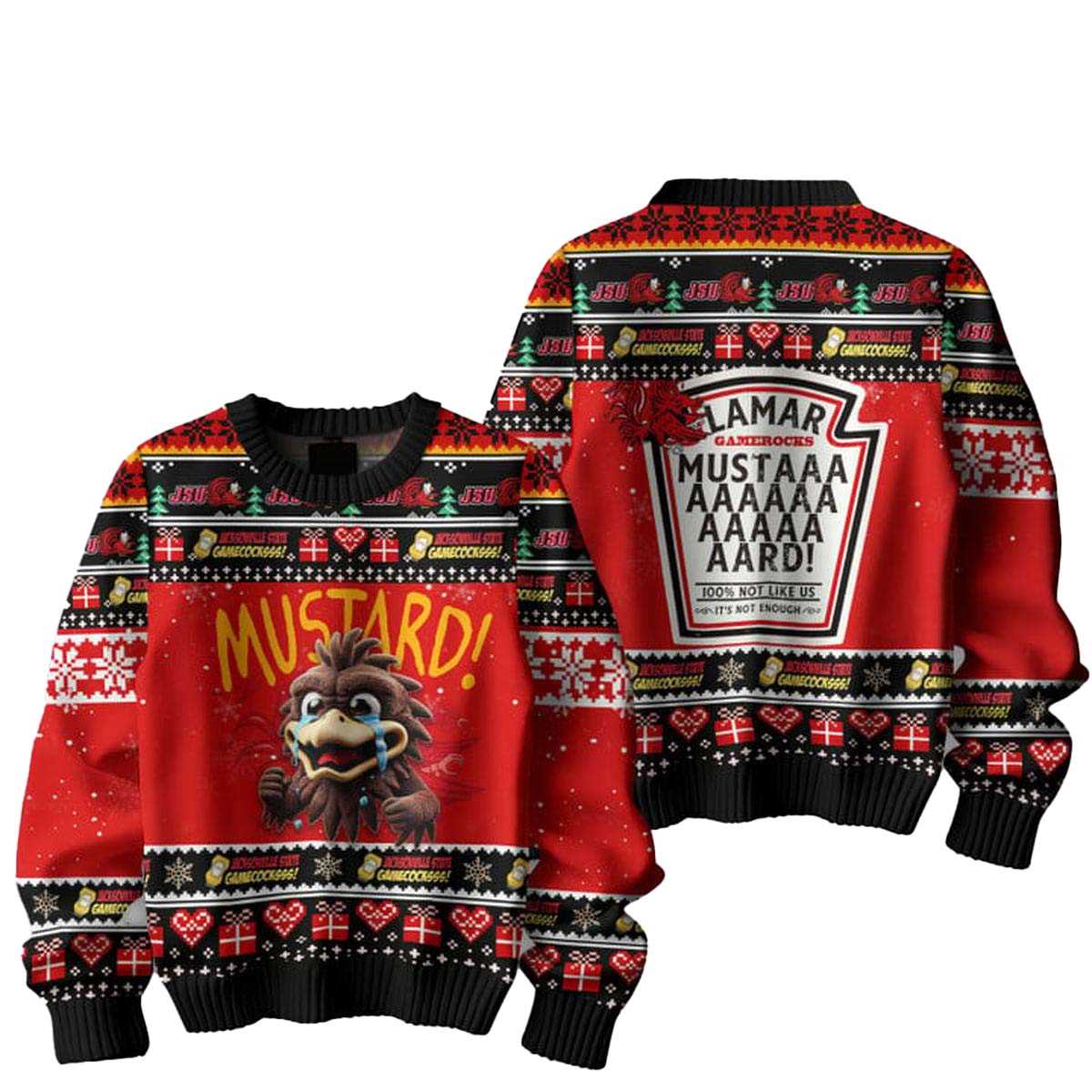 Jacksonville State Gamecocks Mustard Not Like Us 2025 Ugly Christmas Sweater Jacksonville State Gamecocks Mustard Not Like Us 2025 Ugly Christmas Sweater