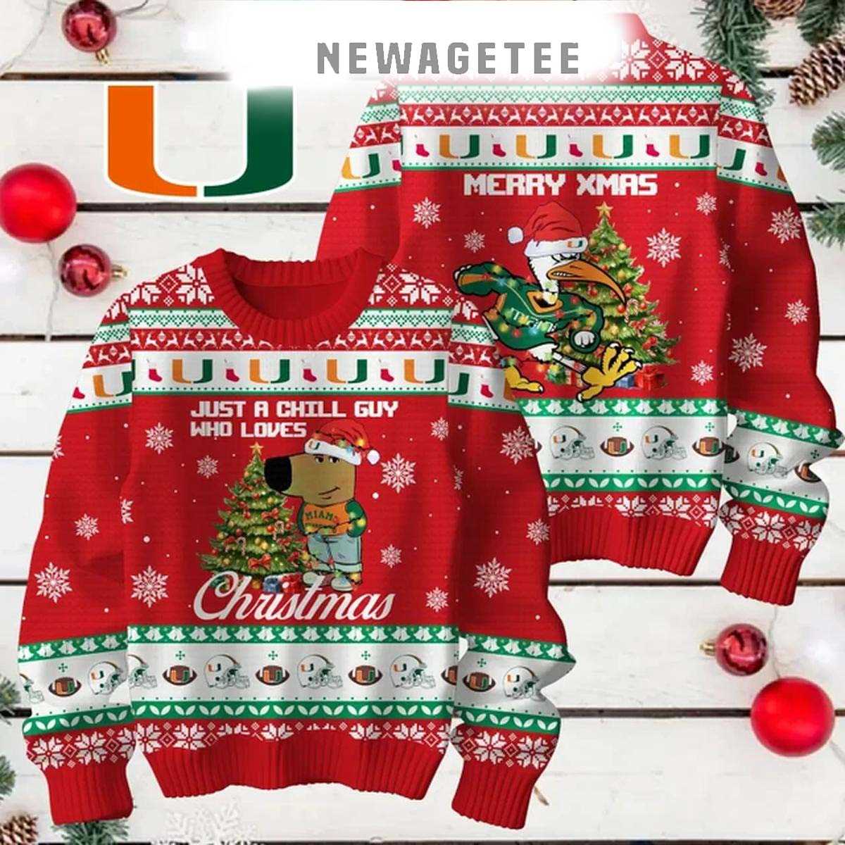 Miami Hurricanes Just A Chill Guy Who Love 2024 Christmas Ugly Sweater