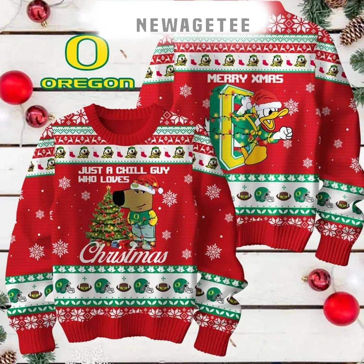 Oregon Ducks Just A Chill Guy Who Love 2024 Christmas Ugly Sweater