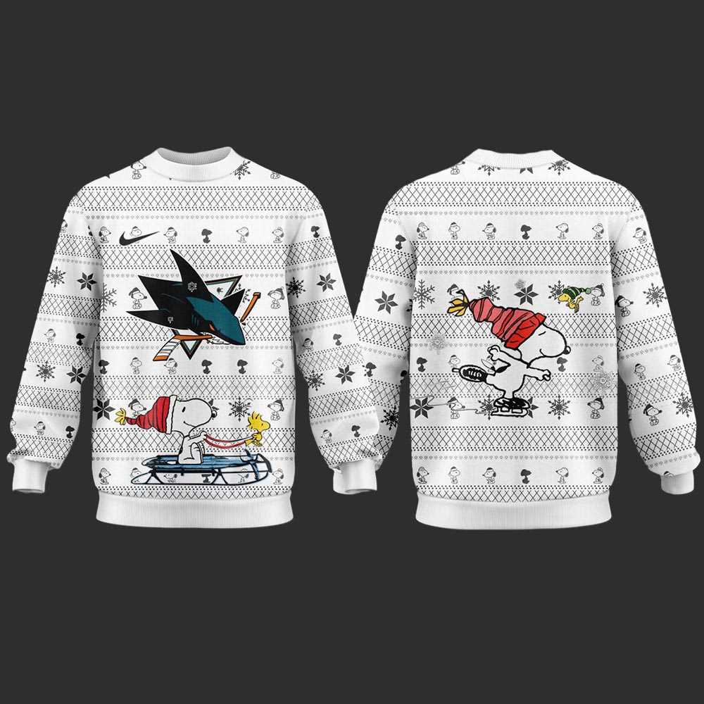 San Jose Sharks Snoopy Peanuts 2025 Ugly Christmas Sweater San Jose Sharks Snoopy Peanuts 2025 Ugly Christmas Sweater