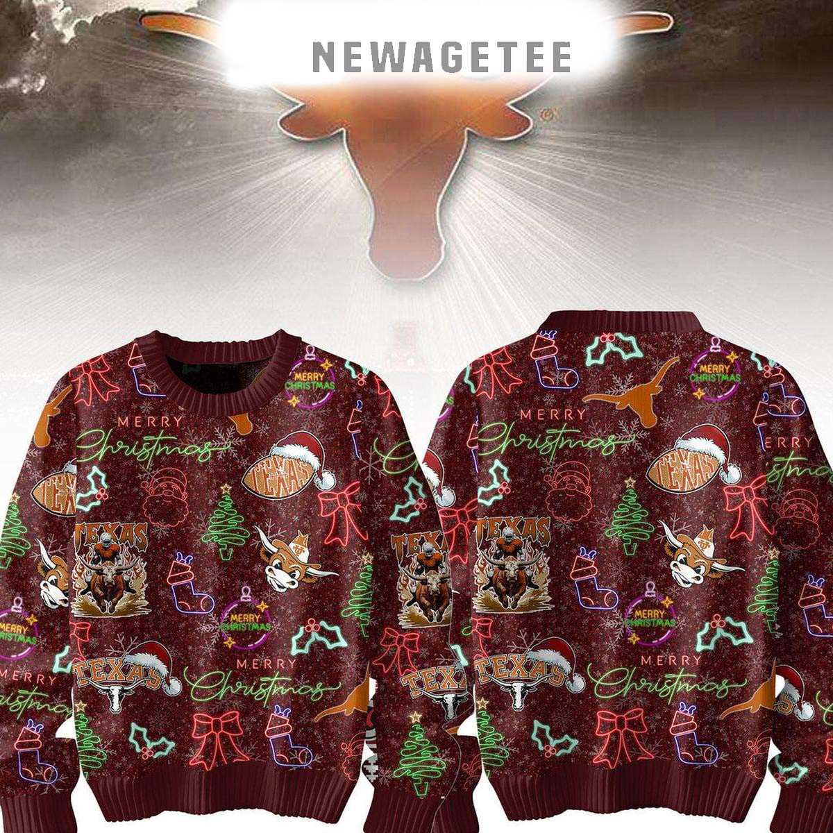 Texas Longhorns Merry Christmas Hook Em Horn Neon Sign 2025 Ugly Christmas Sweater