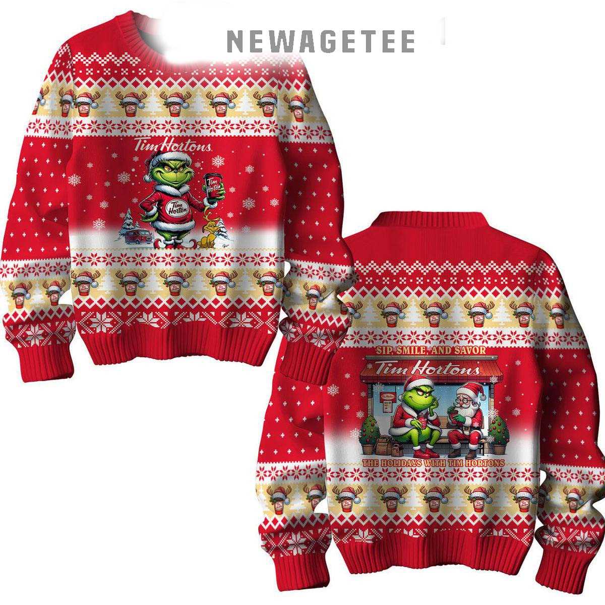 Tim Hortons Sip Smile And Savor With The Grinch 2025 Ugly Christmas Sweater