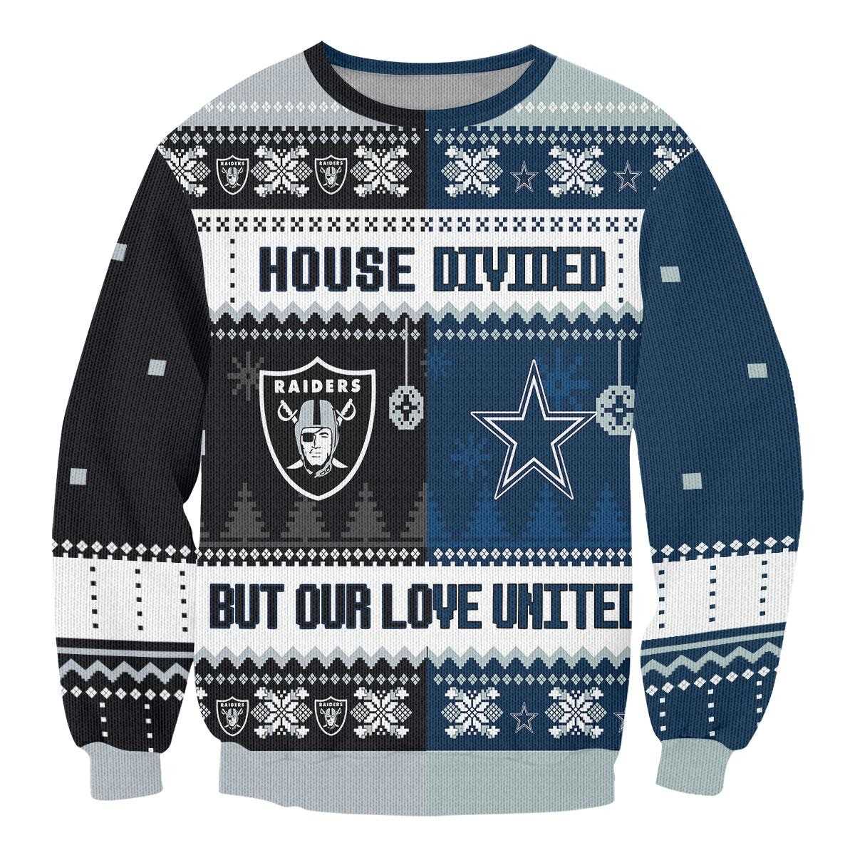Dallas Cowboys Las Vegas Raiders Nfl House Divided But Our Love United Ugly Christmas Sweater