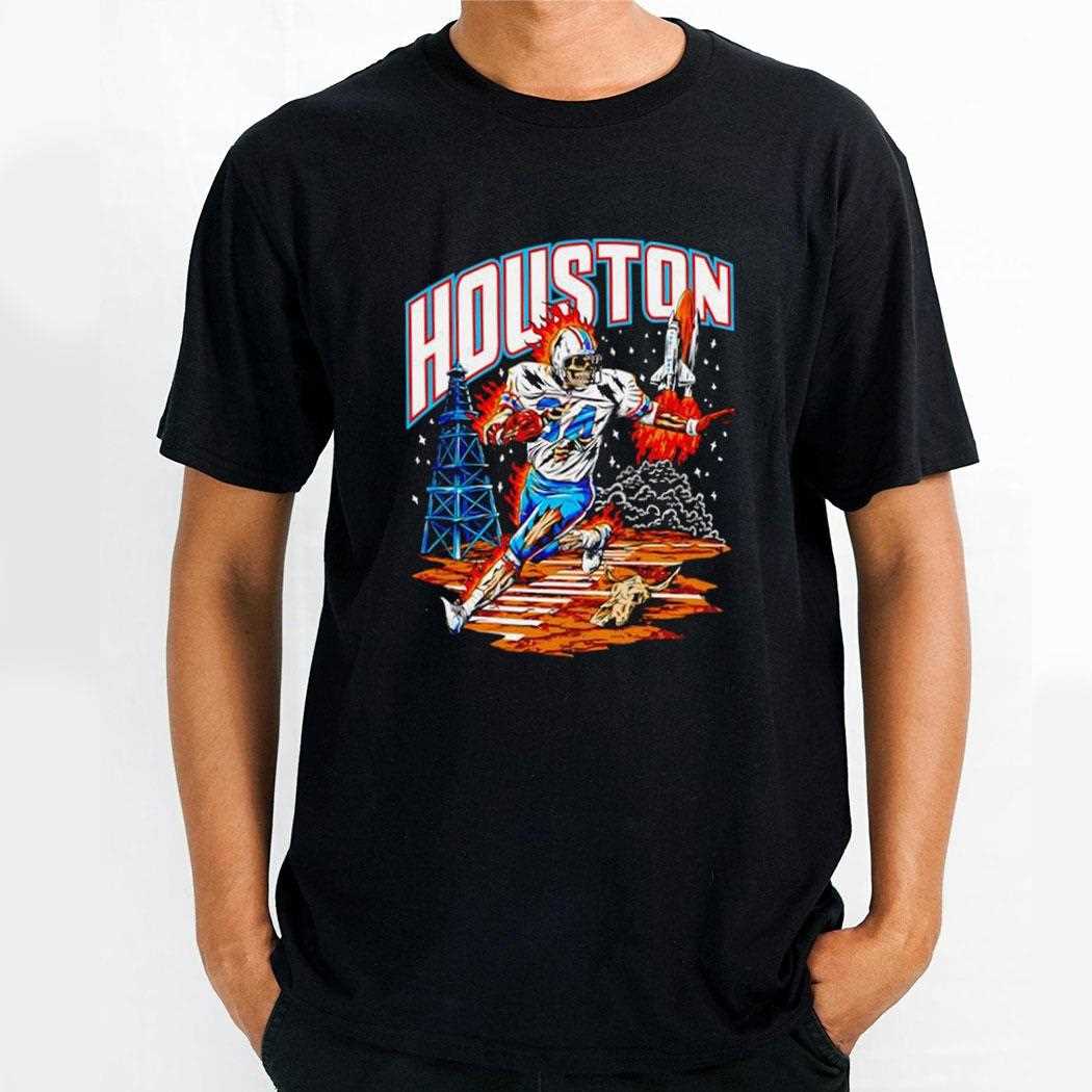 Houston Oil Derricks Space Shuttle Skeleton Football Player 34 Running On Fire Tee