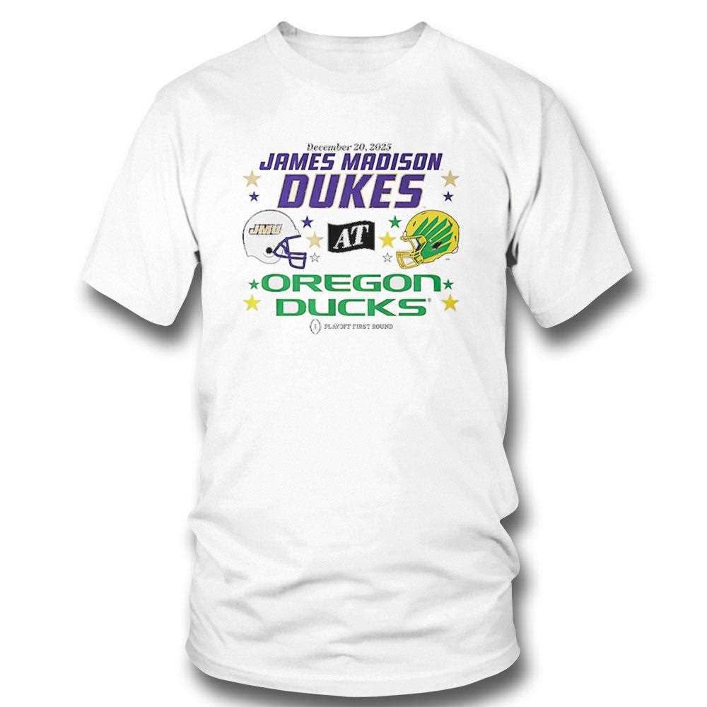 Oregon Ducks And Jmu Dukes 2025 Cfp First Round Matchup Tee Oregon Ducks And Jmu Dukes 2025 Cfp First Round Matchup Tee