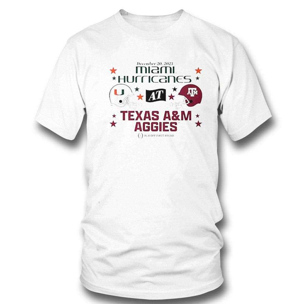 Texas A&m Aggies And Miami Hurricanes 2025 Cfp First Round Matchup Tee Texas A&m Aggies And Miami Hurricanes 2025 Cfp First Round Matchup Tee