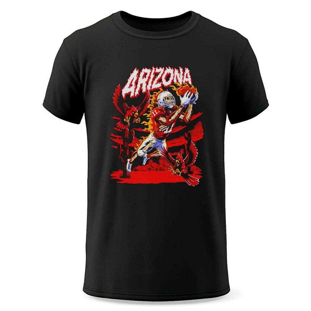 Arizona Red Cardinals Skeleton Player 11 Catching Ball With Fire Birds Desert Scene Tee Arizona Red Cardinals Skeleton Player 11 Catching Ball With Fire Birds Desert Scene Tee