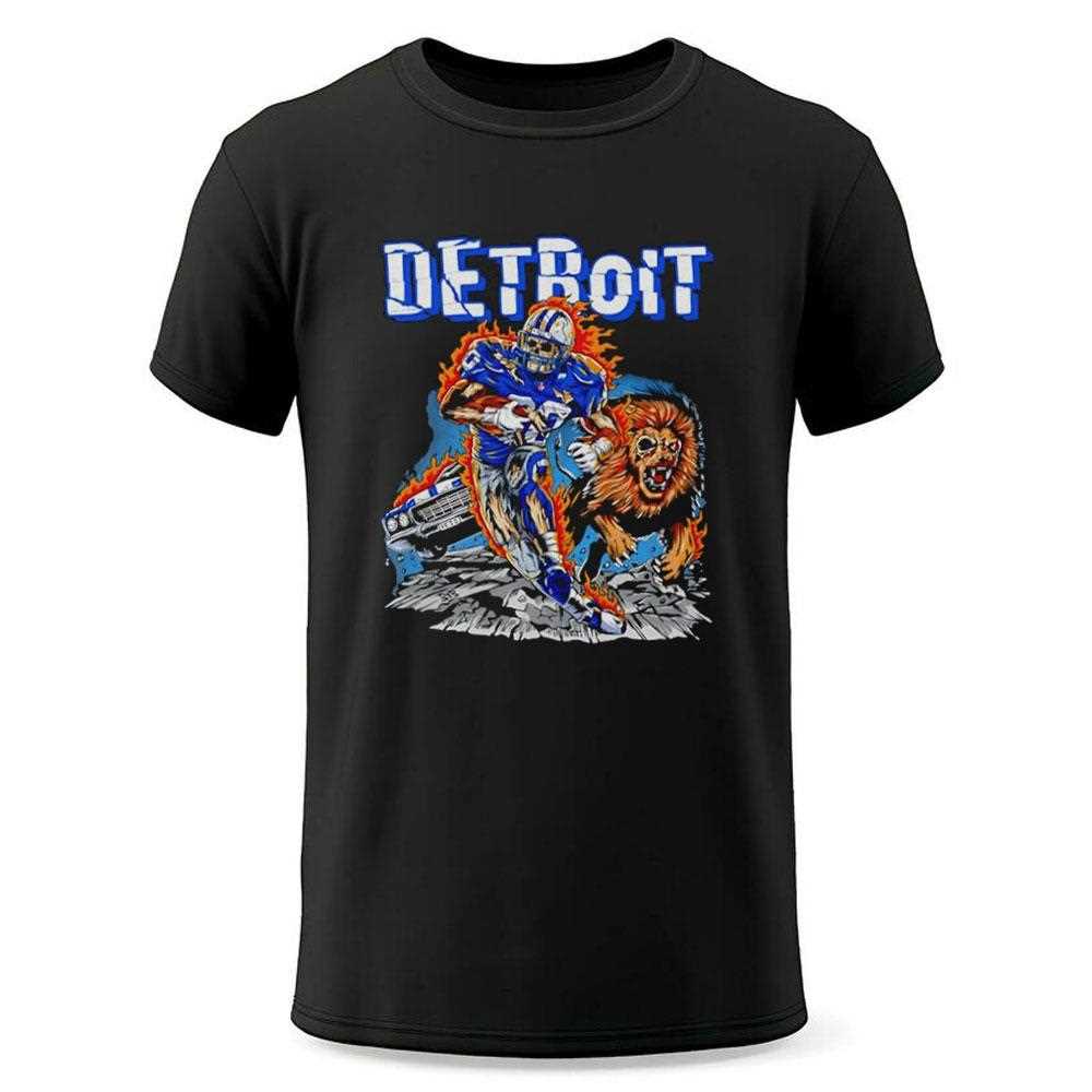 Detroit Lions Skeleton Player 4 Running On Fire With Growling Lion Muscle Car Tee Detroit Lions Skeleton Player 4 Running On Fire With Growling Lion Muscle Car Tee
