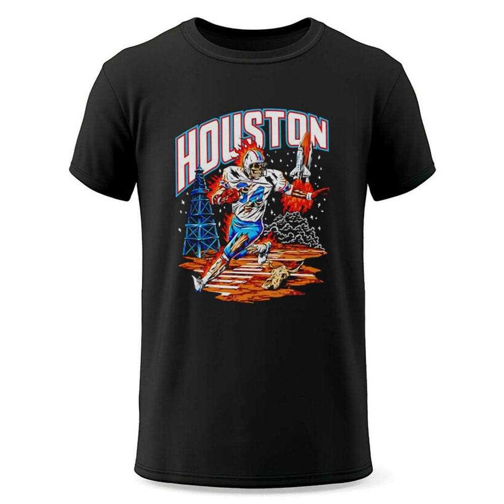 Houston Oil Derricks Space Shuttle Skeleton Football Player 34 Running On Fire Tee Houston Oil Derricks Space Shuttle Skeleton Football Player 34 Running On Fire Tee