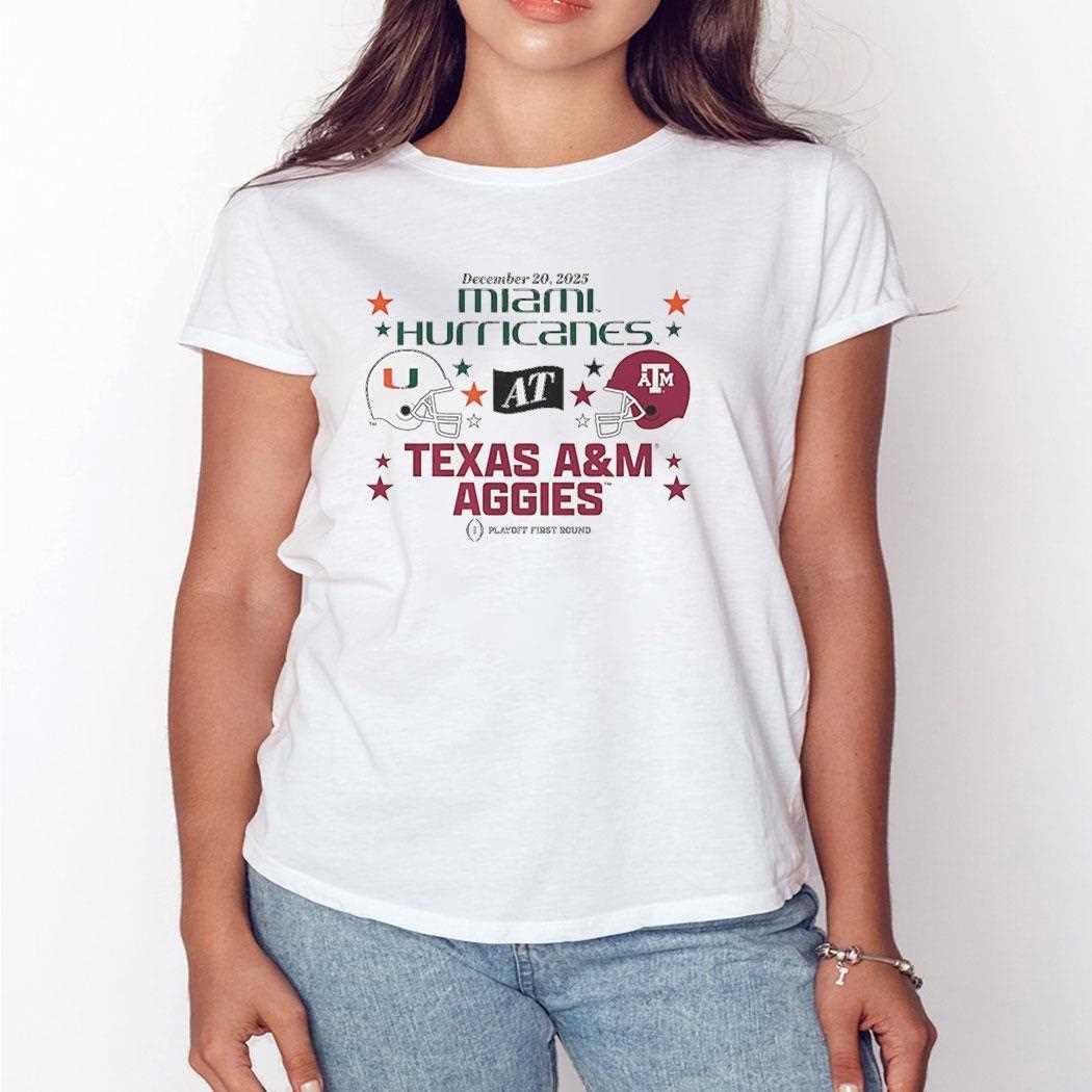 Texas A&m Aggies And Miami Hurricanes 2025 Cfp First Round Matchup Tee Texas A&m Aggies And Miami Hurricanes 2025 Cfp First Round Matchup Tee