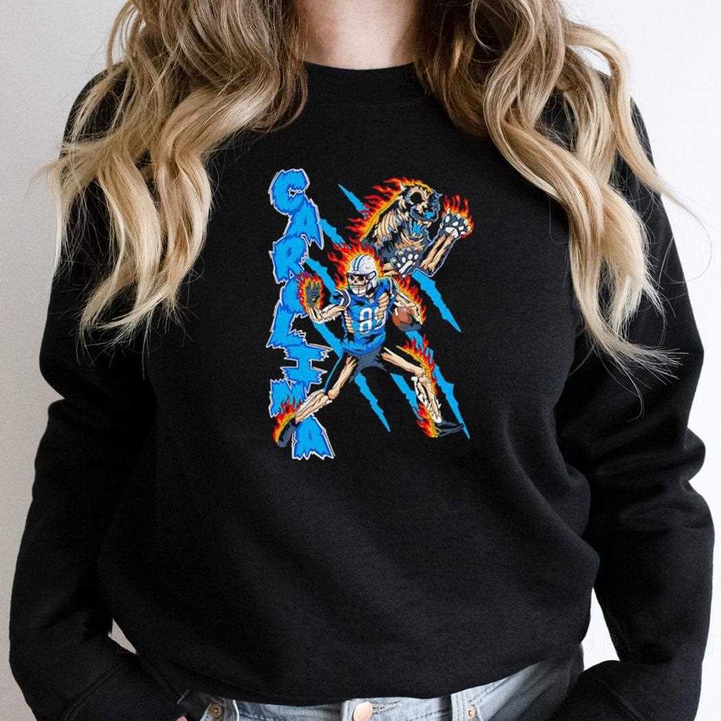 Carolina Panthers Skeleton Player 88 On Fire With Skeleton Growling Panther Tee Carolina Panthers Skeleton Player 88 On Fire With Skeleton Growling Panther Tee