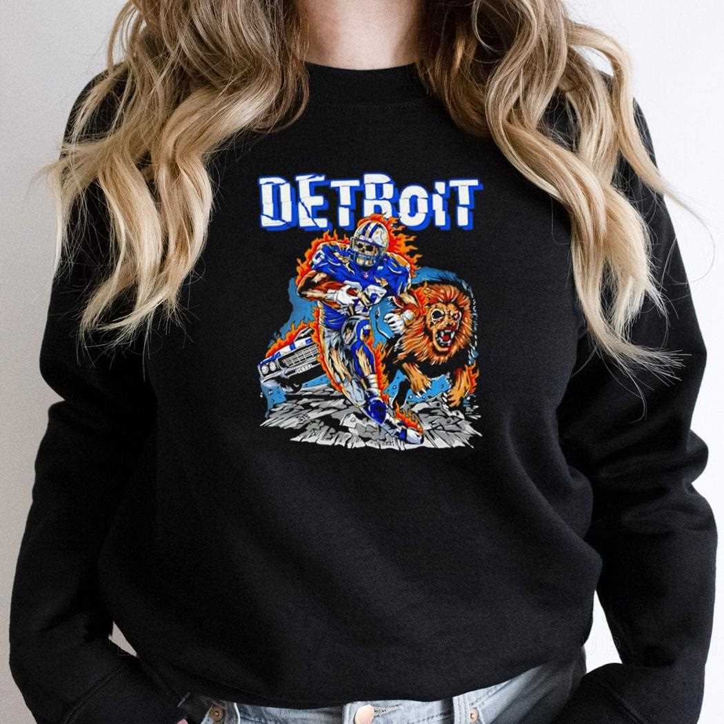 Detroit Lions Skeleton Player 4 Running On Fire With Growling Lion Muscle Car Tee Detroit Lions Skeleton Player 4 Running On Fire With Growling Lion Muscle Car Tee