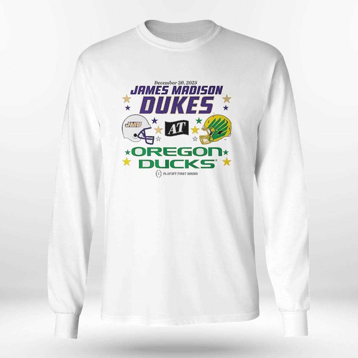 Oregon Ducks And Jmu Dukes 2025 Cfp First Round Matchup Tee Oregon Ducks And Jmu Dukes 2025 Cfp First Round Matchup Tee