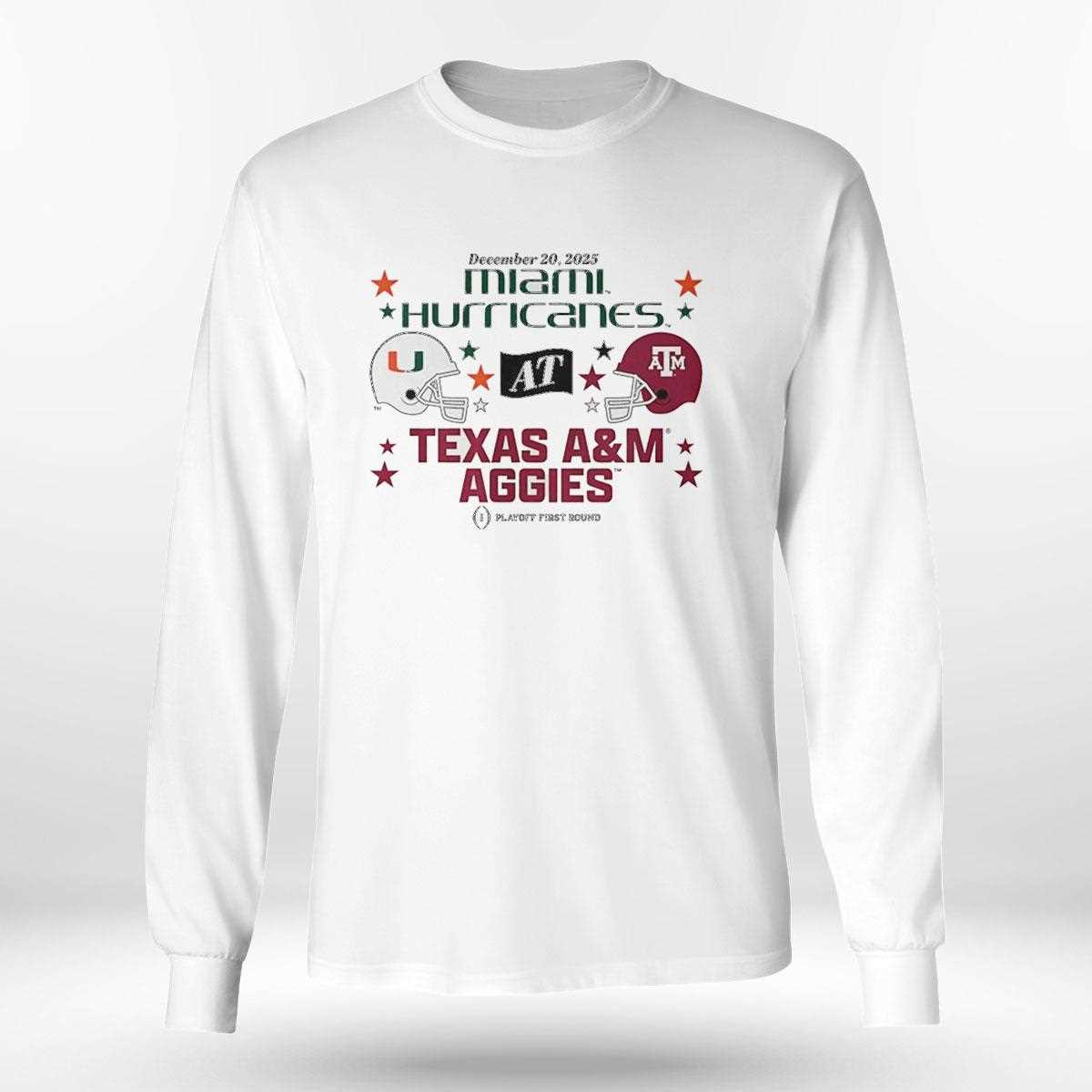 Texas A&m Aggies And Miami Hurricanes 2025 Cfp First Round Matchup Tee Texas A&m Aggies And Miami Hurricanes 2025 Cfp First Round Matchup Tee