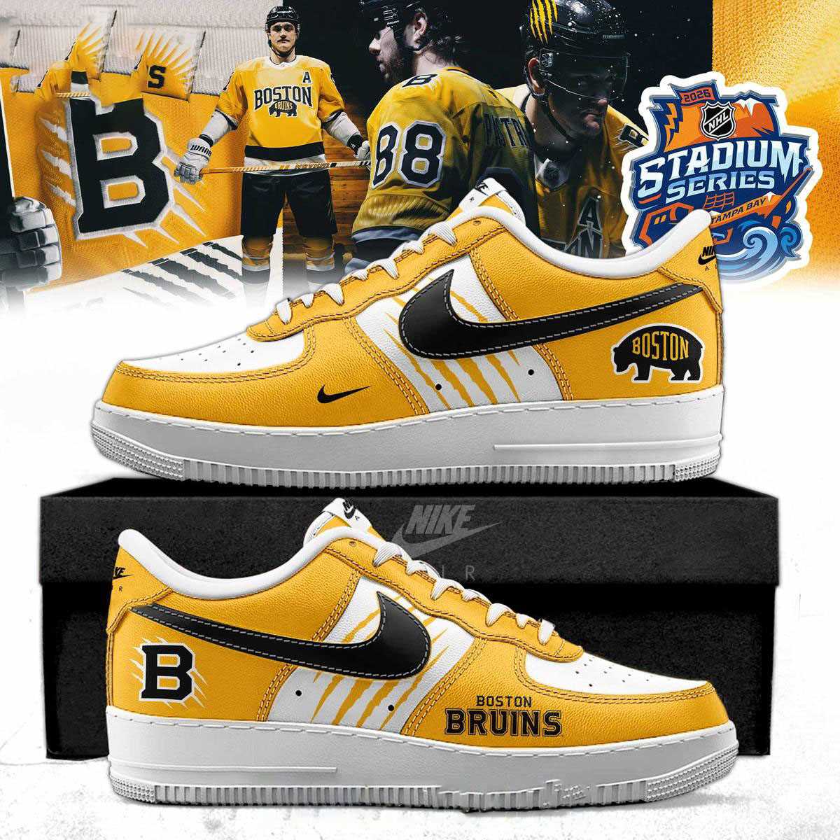 Boston Bruins 2026 Stadium Series Bold Gold Custom Name Air Force 1 Shoes Boston Bruins 2026 Stadium Series Bold Gold Custom Name Air Force 1 Shoes