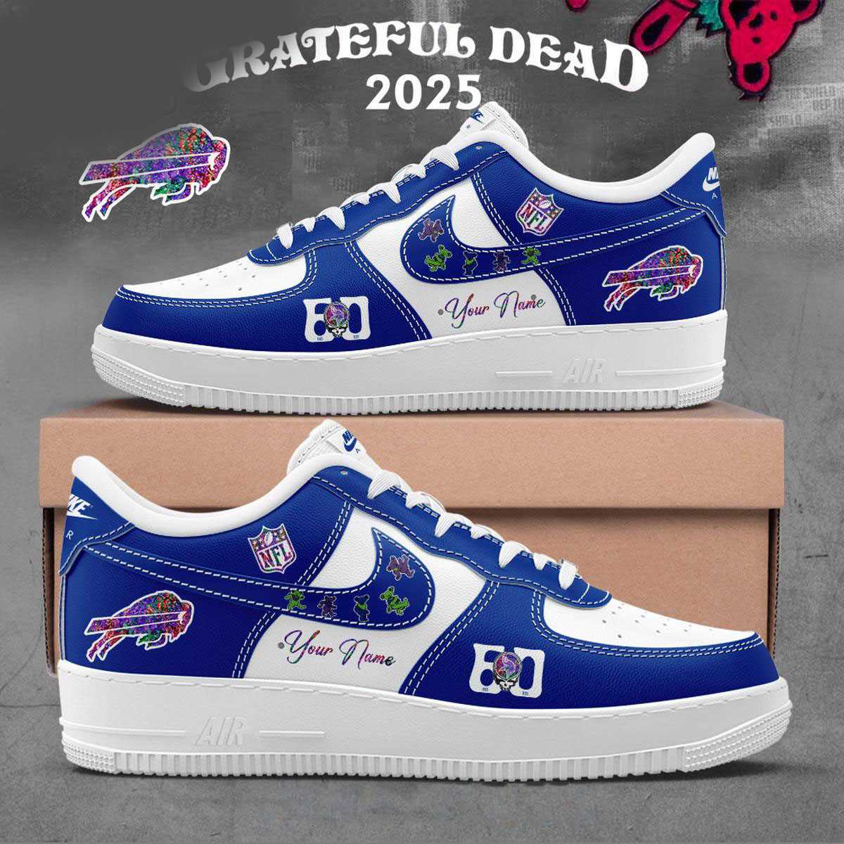 Buffalo Bills Grateful Dead 60th Anniversary Custom Name Air Force 1 Shoes Buffalo Bills Grateful Dead 60th Anniversary Custom Name Air Force 1 Shoes