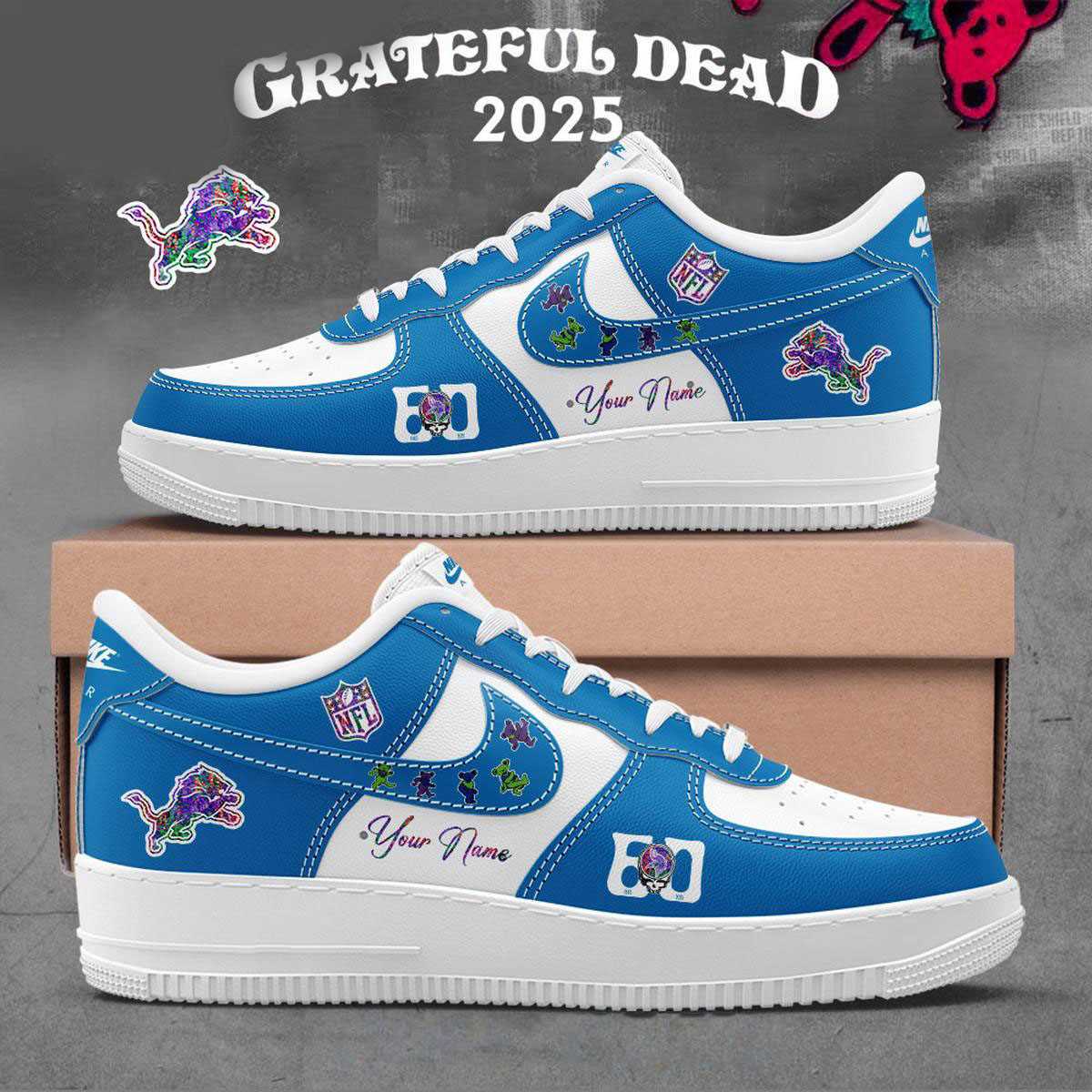 Detroit Lions Grateful Dead 60th Anniversary Custom Name Air Force 1 Shoes Detroit Lions Grateful Dead 60th Anniversary Custom Name Air Force 1 Shoes