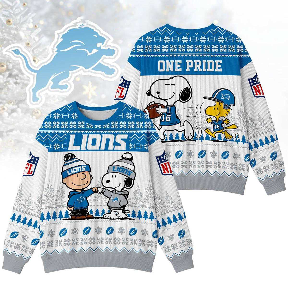 Detroit Lions Snoopy Peanuts One Pride Ugly Christmas Sweater