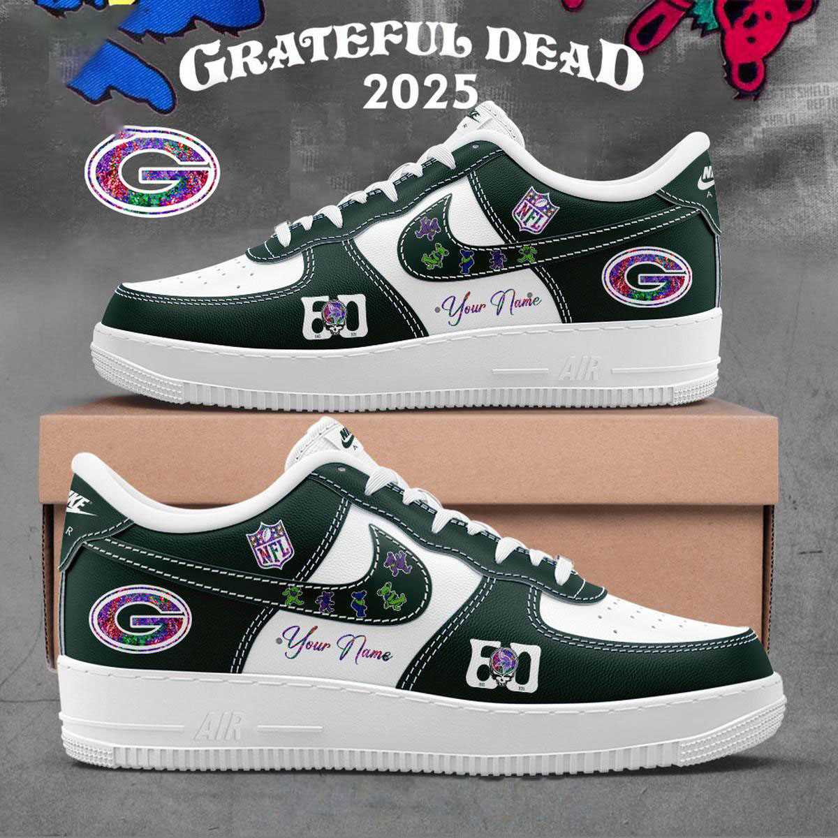 Green Bay Packers Grateful Dead 60th Anniversary Custom Name Air Force 1 Shoes Green Bay Packers Grateful Dead 60th Anniversary Custom Name Air Force 1 Shoes