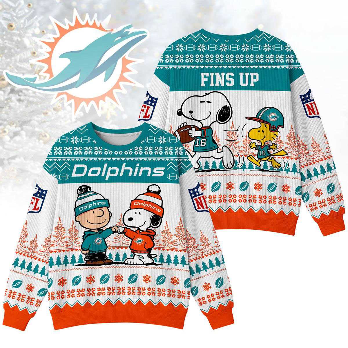 Miami Dolphins Snoopy Peanuts Fins Up Ugly Christmas Sweater