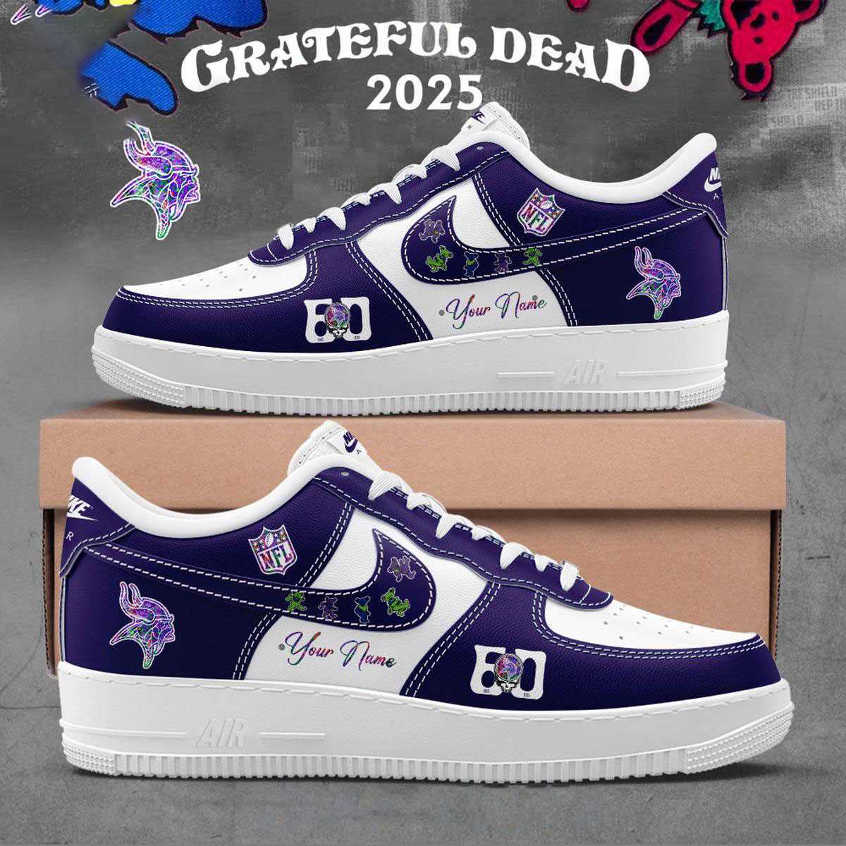 Minnesota Vikings Grateful Dead 60th Anniversary Custom Name Air Force 1 Shoes Minnesota Vikings Grateful Dead 60th Anniversary Custom Name Air Force 1 Shoes