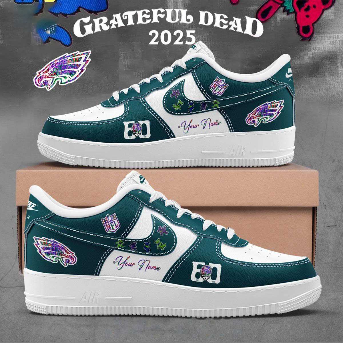 Philadelphia Eagles Grateful Dead 60th Anniversary Custom Name Air Force 1 Shoes Philadelphia Eagles Grateful Dead 60th Anniversary Custom Name Air Force 1 Shoes