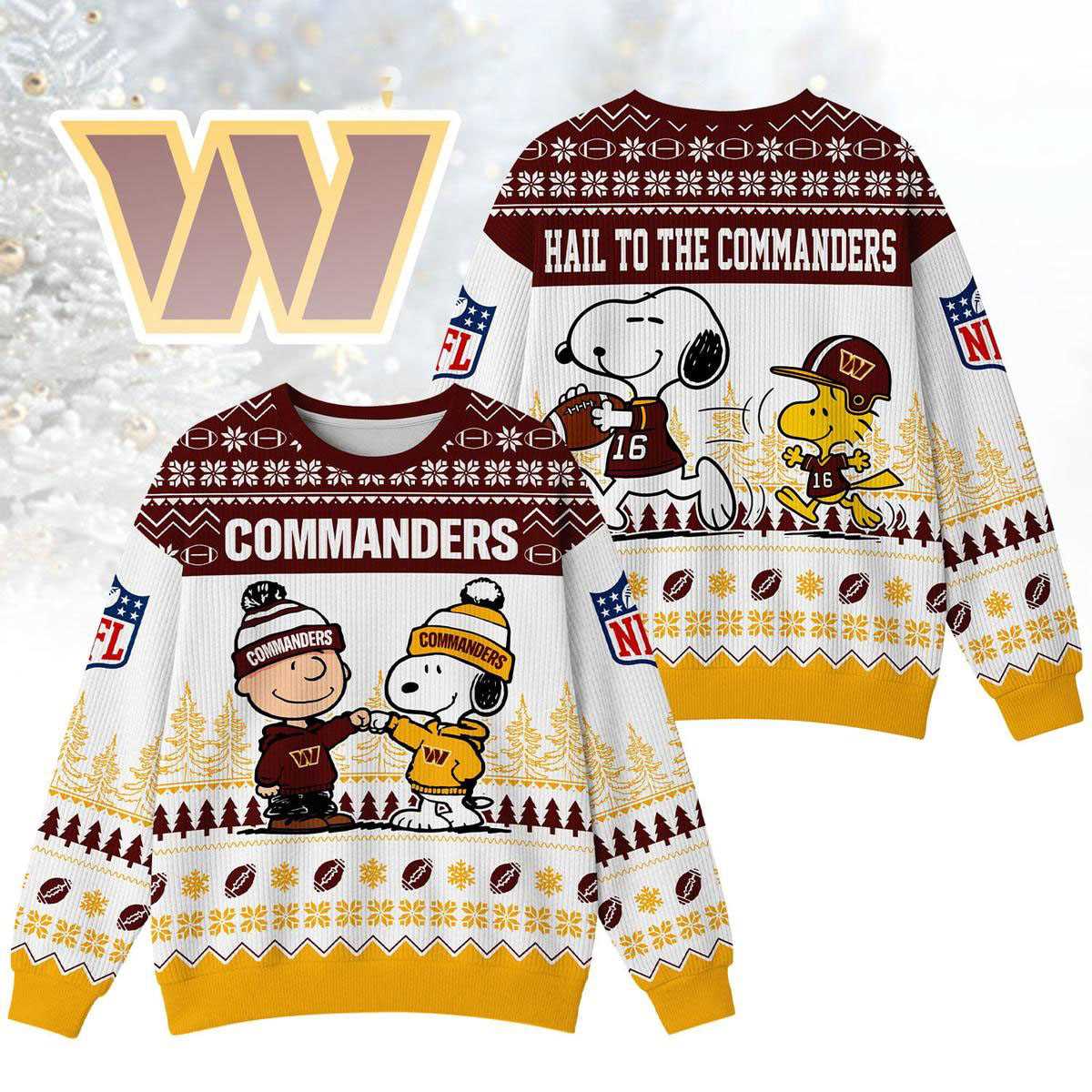 Washington Commanders Snoopy Peanuts Hail To The Commanders Ugly Christmas Sweater