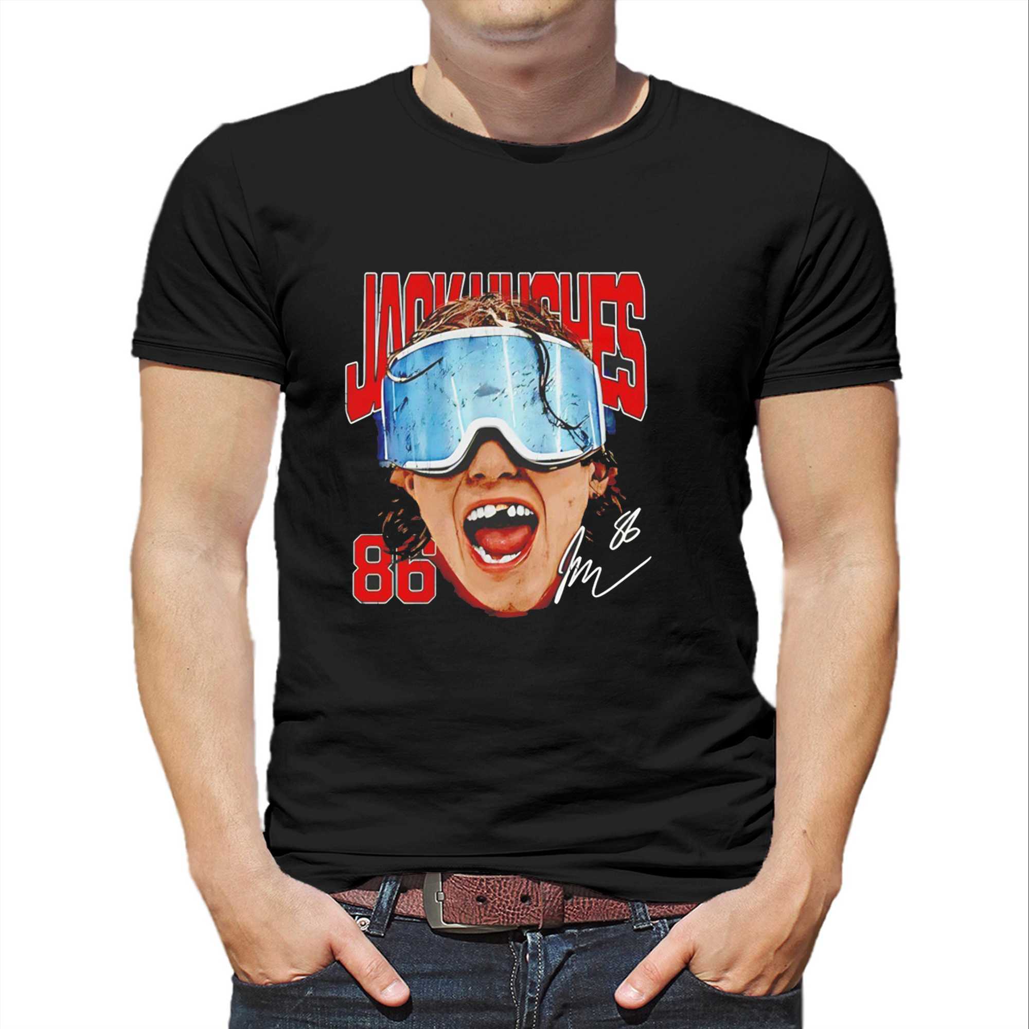 Jack Hughes New Jersey Goggles Big Face Head Tee Jack Hughes New Jersey Goggles Big Face Head Tee