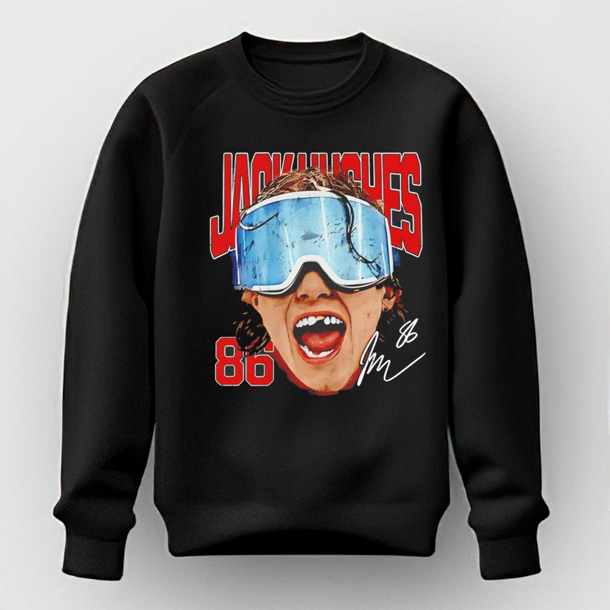 Jack Hughes New Jersey Goggles Big Face Head Tee Jack Hughes New Jersey Goggles Big Face Head Tee