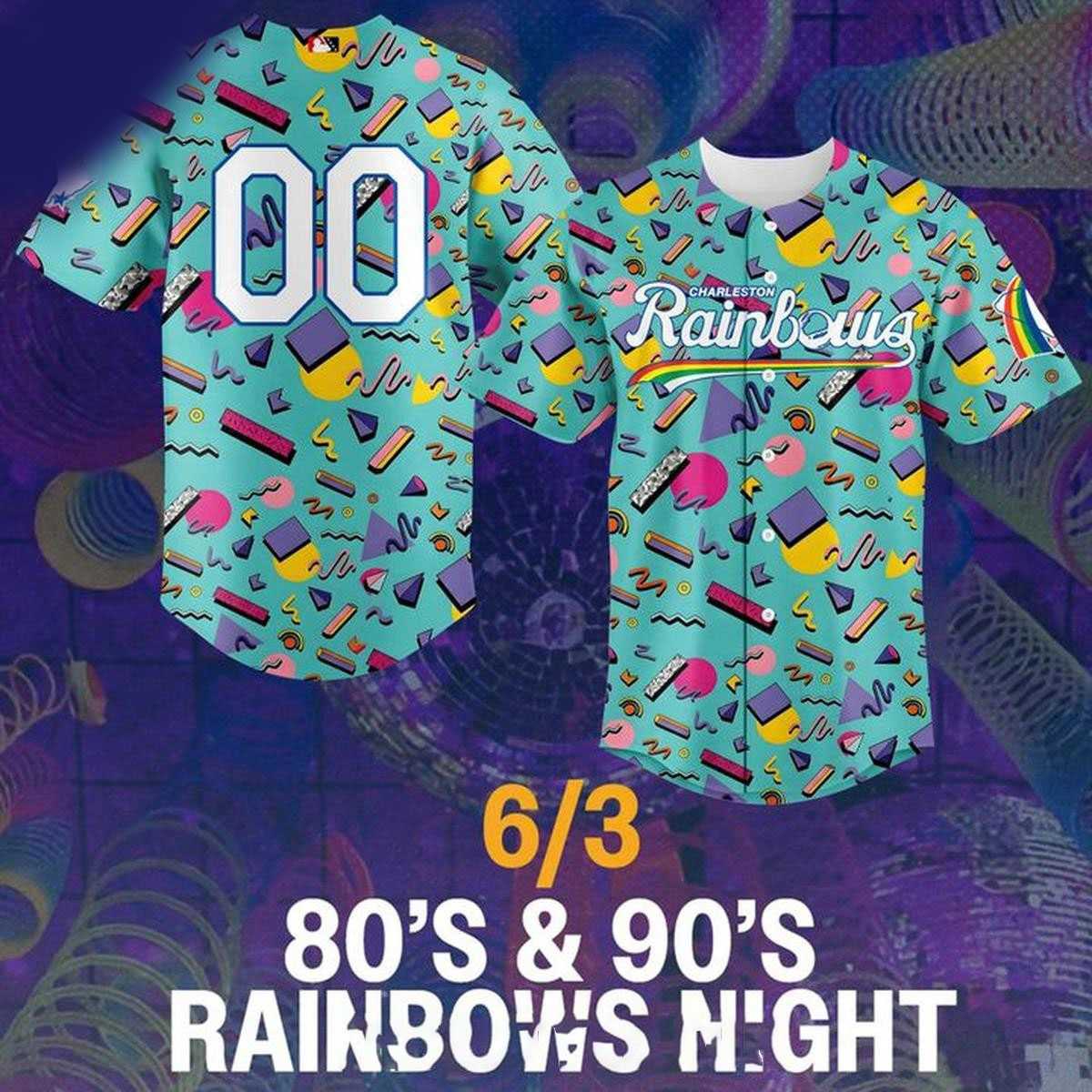 Charleston RiverDogs 80’s 90’s Rainbows Night 2026 Baseball Jersey Charleston RiverDogs 80’s 90’s Rainbows Night 2026 Baseball Jersey