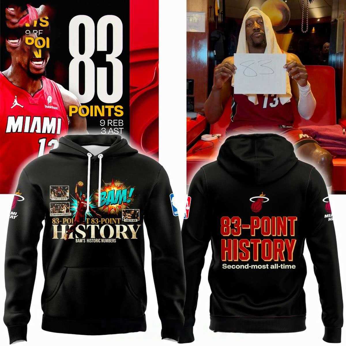 Miami Heat Bam Adebayo 83- Point History Made History 2026 Hoodie Tee Miami Heat Bam Adebayo 83- Point History Made History 2026 Hoodie Tee