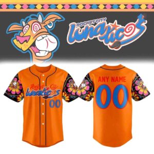 Rocket City Lunaticos Custom Baseball Jersey Orange with Floral Sleeves 2 1.jpg